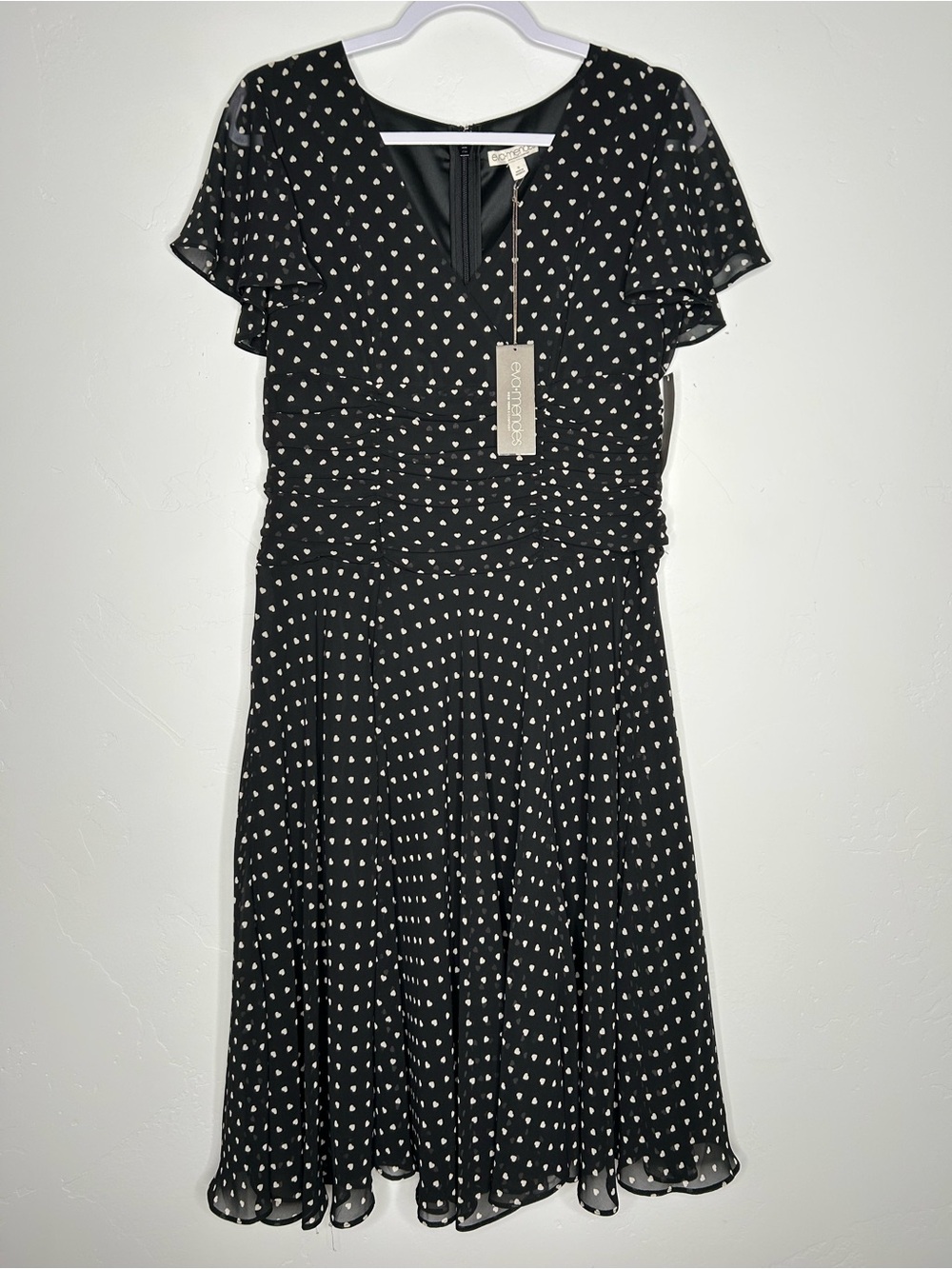 NWT Eva Mendez NY & CO Midi Dress White Heart Print Flutter Sleeves Size 8